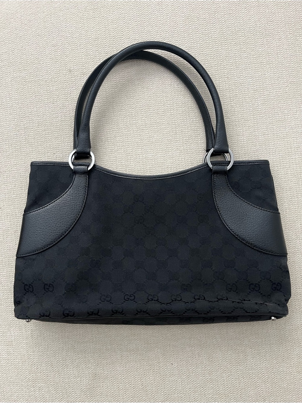 Authentic Gucci Black GG Canvas Shoulder Bag with Leather Trim